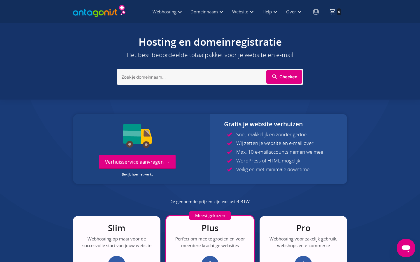 Antagonist homepage showing its hosting and domain search area and Slim, Plus, and Pro plans