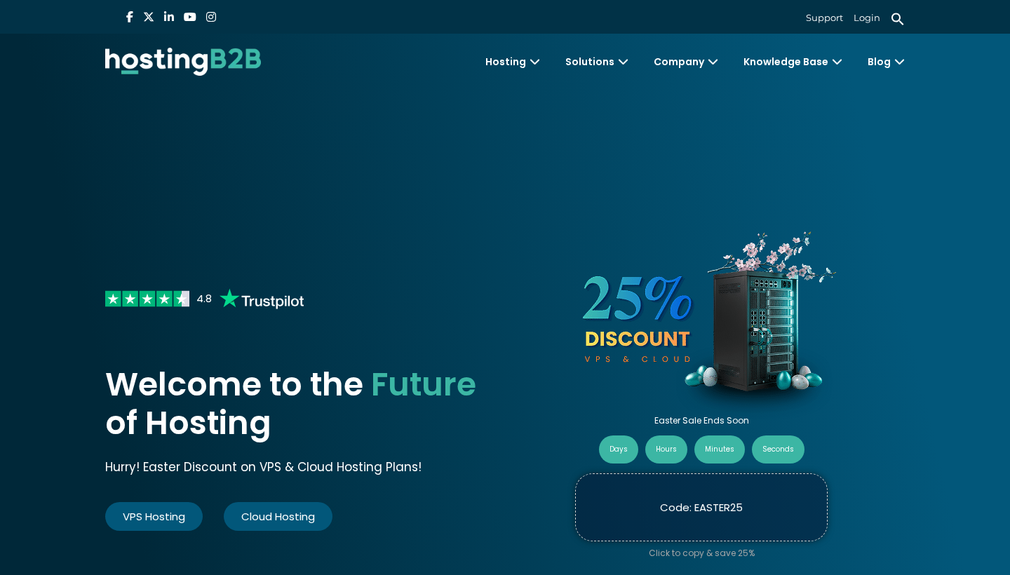 HostingB2B homepage hero with the headline Welcome to the Future of Hosting, a Trustpilot rating, and a 25% Easter discount callout
