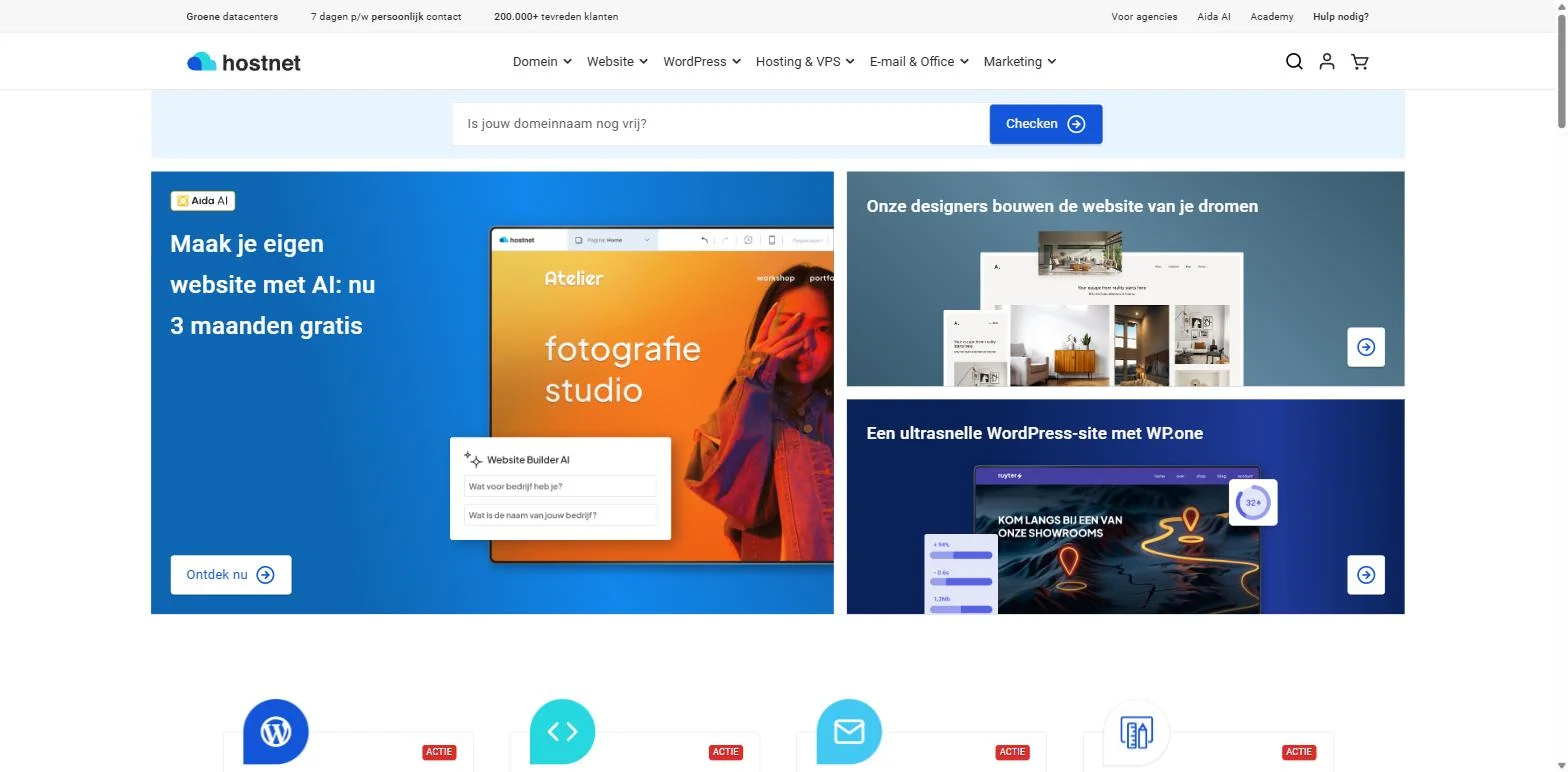 Hostnet homepage showing its hosting navigation, domain search, and website-building offers
