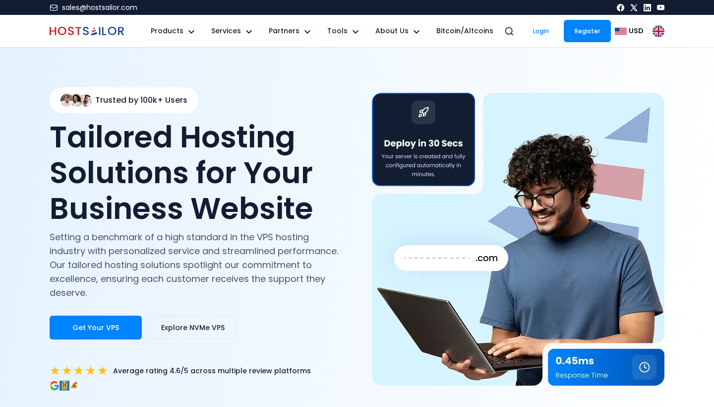HostSailor homepage hero with the tagline Tailored Hosting Solutions for Your Business Website and a 30-second deployment callout