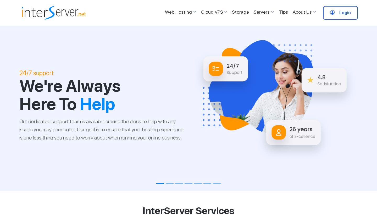 InterServer homepage hero with the 24/7 support headline We