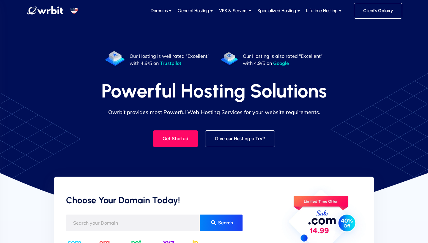 Owrbit homepage hero with the headline Powerful Hosting Solutions, Trustpilot and Google review callouts, and a domain search bar