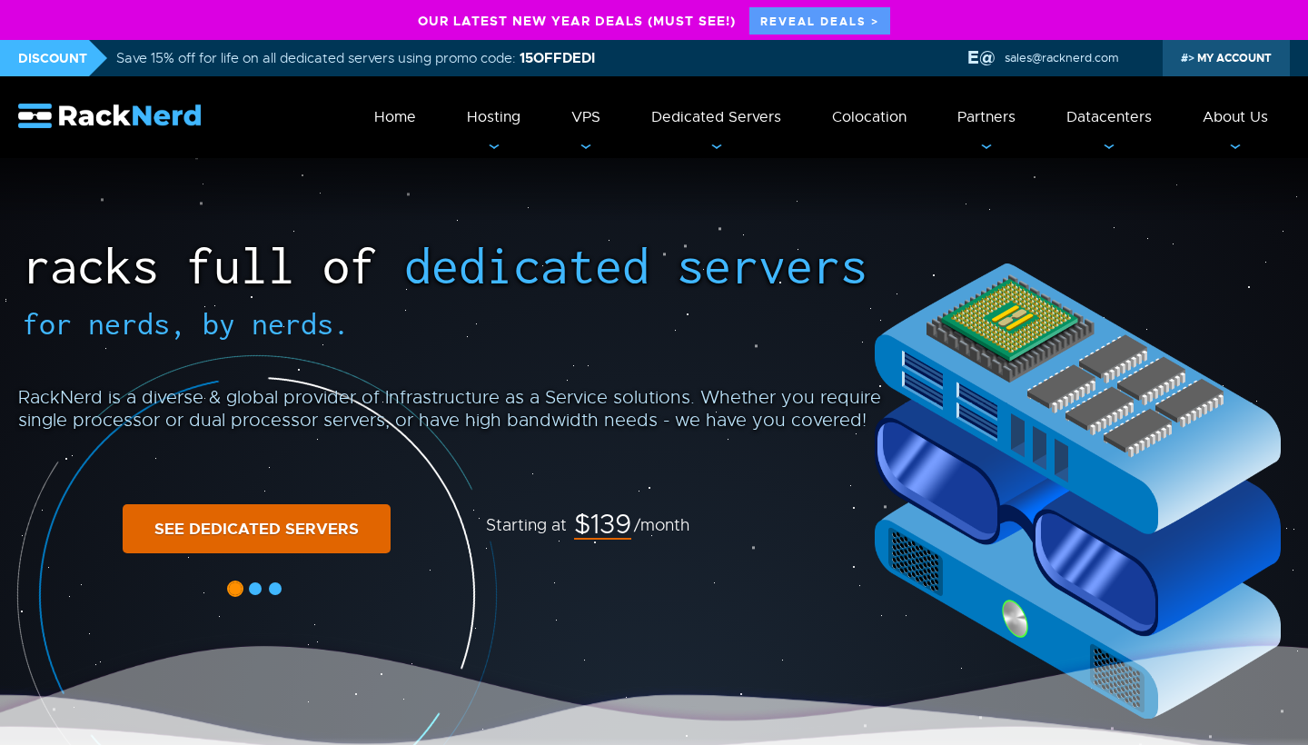 RackNerd homepage hero with the tagline Racks full of dedicated servers for nerds, by nerds and a starting price of $139 per month