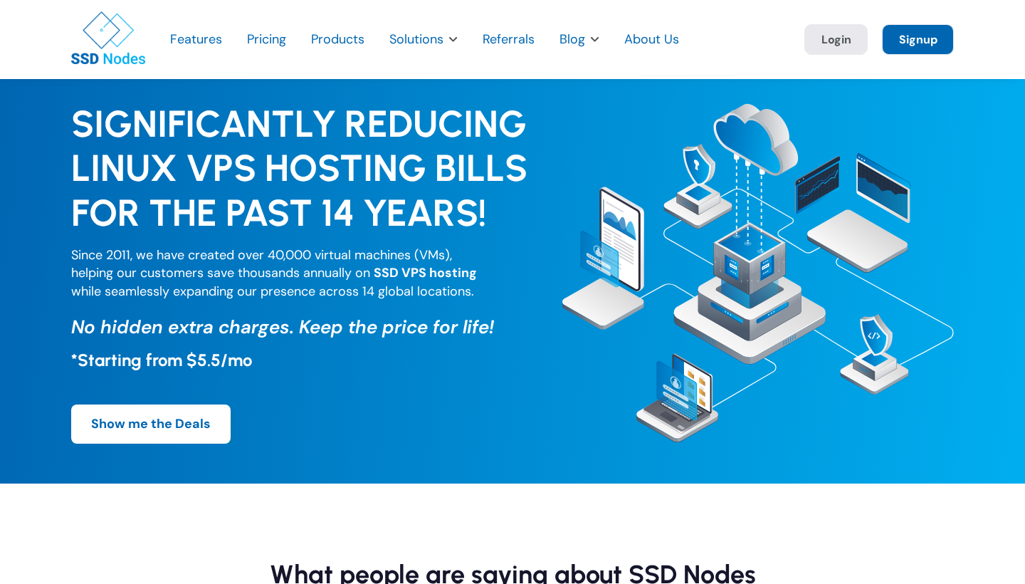 SSD Nodes homepage hero with the tagline Significantly Reducing Linux VPS Hosting Bills For The Past 14 Years and a Show me the Deals button