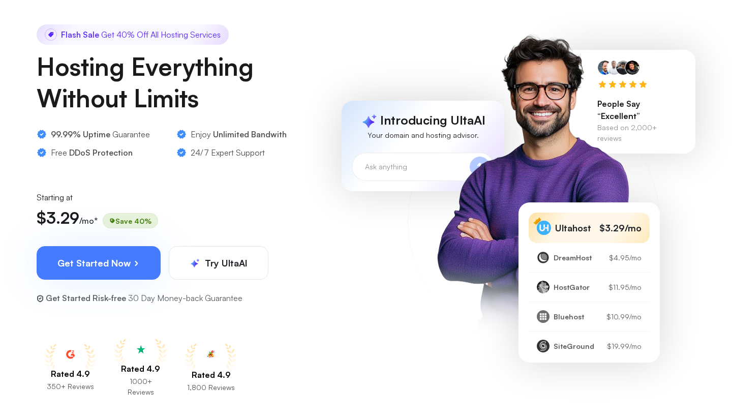 Ultahost homepage hero with the Hosting Without Limits tagline, a Flash Sale banner, and an Introducing UltaAI chat widget preview